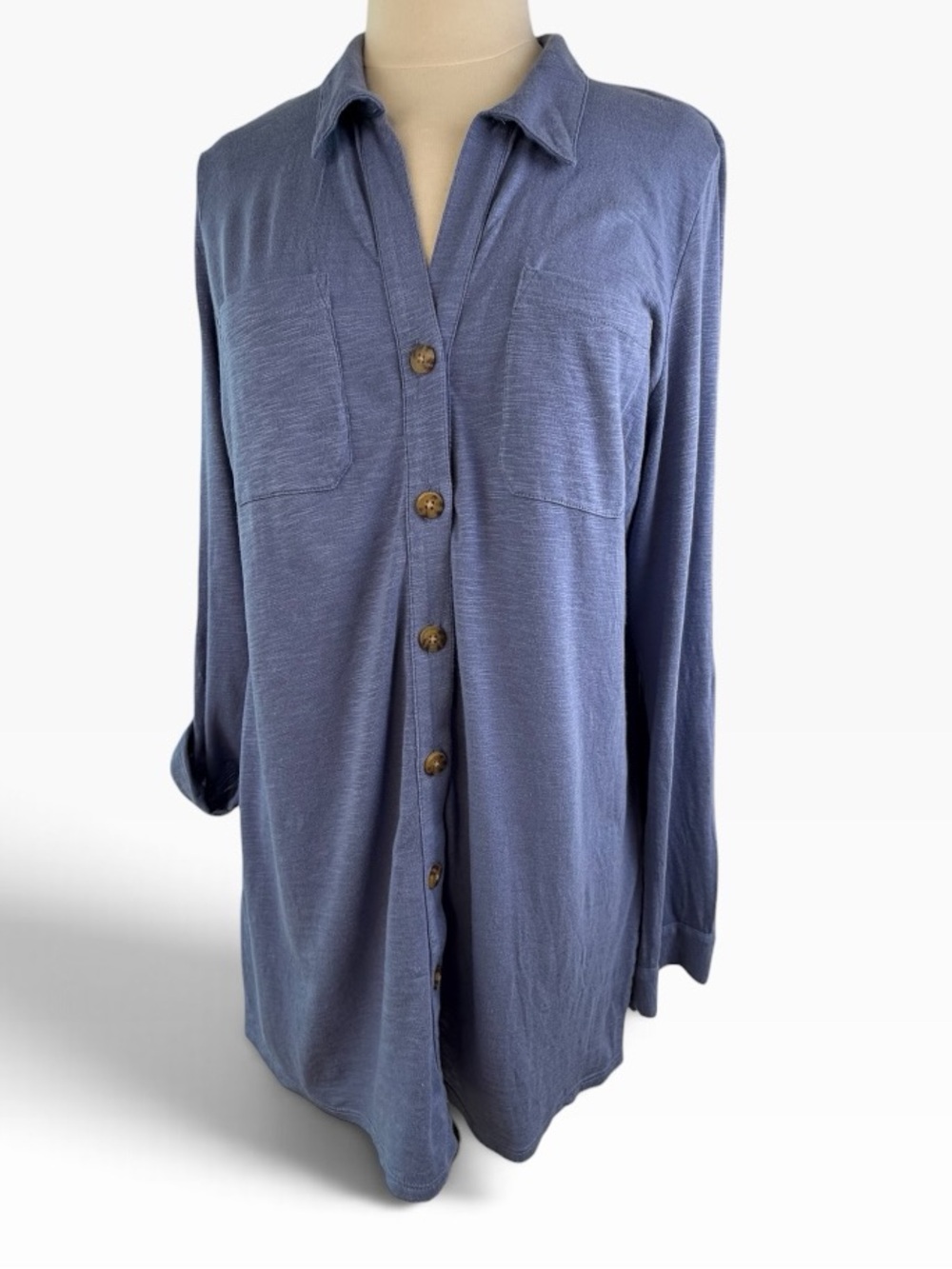 J Jill Shirt Tunic Blue M soft button down collared with roll tab sleeves